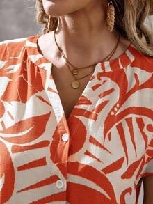 EMERY ROSE 女士度假印花短袖单排扣休闲中长连衣裙 女士夏季连衣裙 女士夏季套装 度假装 女士度假连衣裙 女士休闲连衣裙 女士春季连衣裙 - 紅色 - 查看 8