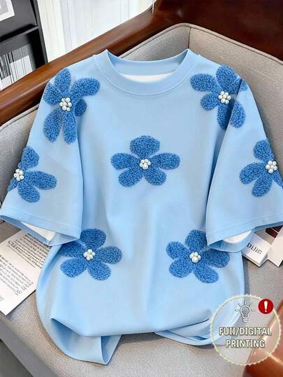 Resyla Plus Size Women Summer Casual Vacation Daily Commute Faux Pearl 3D Floral Print Loose Round Neck Drop Shoulder T-Shirt
