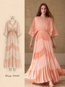 MOTF PREMIUM WOMEN'S ROMANTIC ELEGANT BATWING SLEEVE PLEATED DRESS, SPRING/SUMMER - Pink - View 7