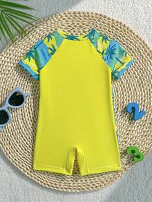 Newborn Zipper Swimsuit, Coconut Tree Print Short Sleeve Swimwear, Suitable For Beach, Vacation, Summer - Multicolor - View 2