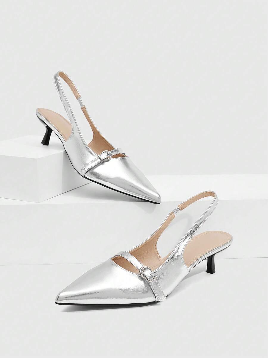 CUCCOO SZL Tacones altos de diseño con hebilla de punta fina para uso diario de moda para mujeres - Plateado - Ver 1