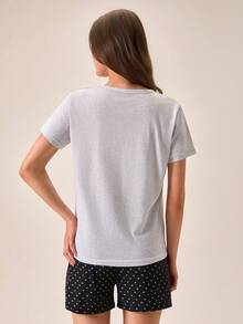 Women Cotton 2pcs Grey Contrast Colour Lettered Moon Cloud Printed Round Neck Short Sleeved Shirt & Contrast Colour Heart Patterned Shorts Homewear Comfort Casual Pajama Set - Multicolor - View 2