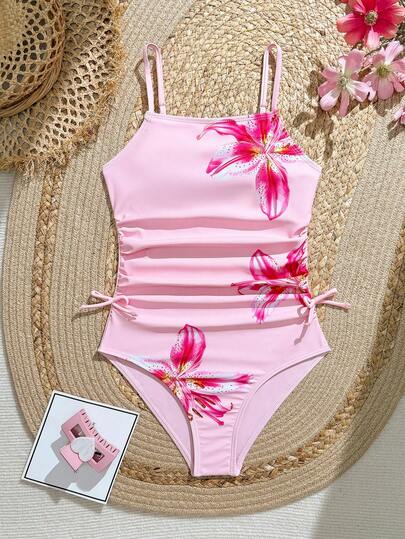 SHEIN Tween Girl One-Piece Swimsuit, Cute Pink Lily Flower Placement Print, Knit Fabric, Ruched Front, Bow Side, Solid Color Straps, Fashion Casual Elegant Lady, Suitable For Swimming, Summer Vacation, Beach, Pool, Holiday Party