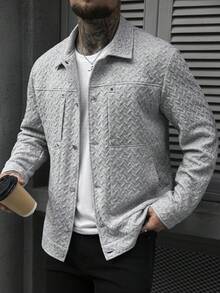 Manfinity Homme 男士夹克，男士休闲纯色夹克，灰色男士纽扣夹克，适合春秋季穿着，男士休闲工装口袋纯白色纹理衬衫夹克，休闲简约风格，都市成熟风格，英伦绅士风格，意式优雅风格，男士衬衫夹克，白色男士衬衫夹克，灰色夹克 - 灰色 - 查看 3