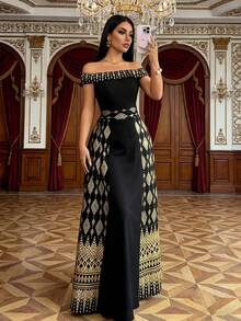 Rafferiza Women's Sleeveless Off-Shoulder Long Elegant Dress, Spring/Summer - Black Gold - View 1