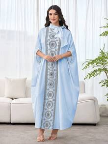 SHEIN Najma 女士拼接优雅领结宽松奢华连衣裙 - 淺藍色 - 查看 6