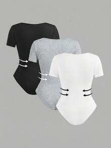 SHEIN EZwear Set de 3 bodys de manga corta con cuello cuadrado de unicolor casual, estilo básico adecuado para primavera y verano - Multicolor - Ver 2