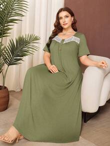Lacomfia Plus Size Solid Color Short Sleeve Knit Casual Ruffle Hem Dress - Green - View 4