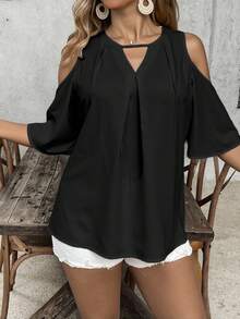 SHEIN VCAY Camisa de hombros descubiertos de unicolor con cuello de ojo de cerradura, de estilo casual y versátil para talla grande, ideal para vacaciones de verano - Multicolor - Ver 2