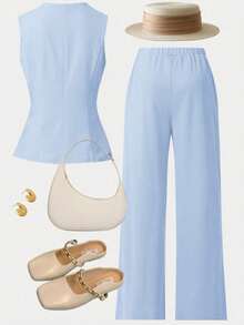 Girlism Teen Girls Sleeveless Top And Pants Set, Metal Button Closure, Elegant Retro Style,Kids - Baby Blue - View 2
