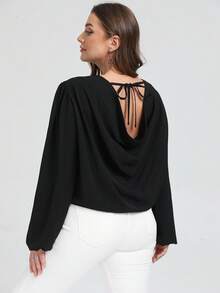 SHEIN LUNE Áo cánh mùa thu thanh lịch giản dị hở lưng giống lụa nhăn cỡ lớn cho nữ - màu đen - Xem 1