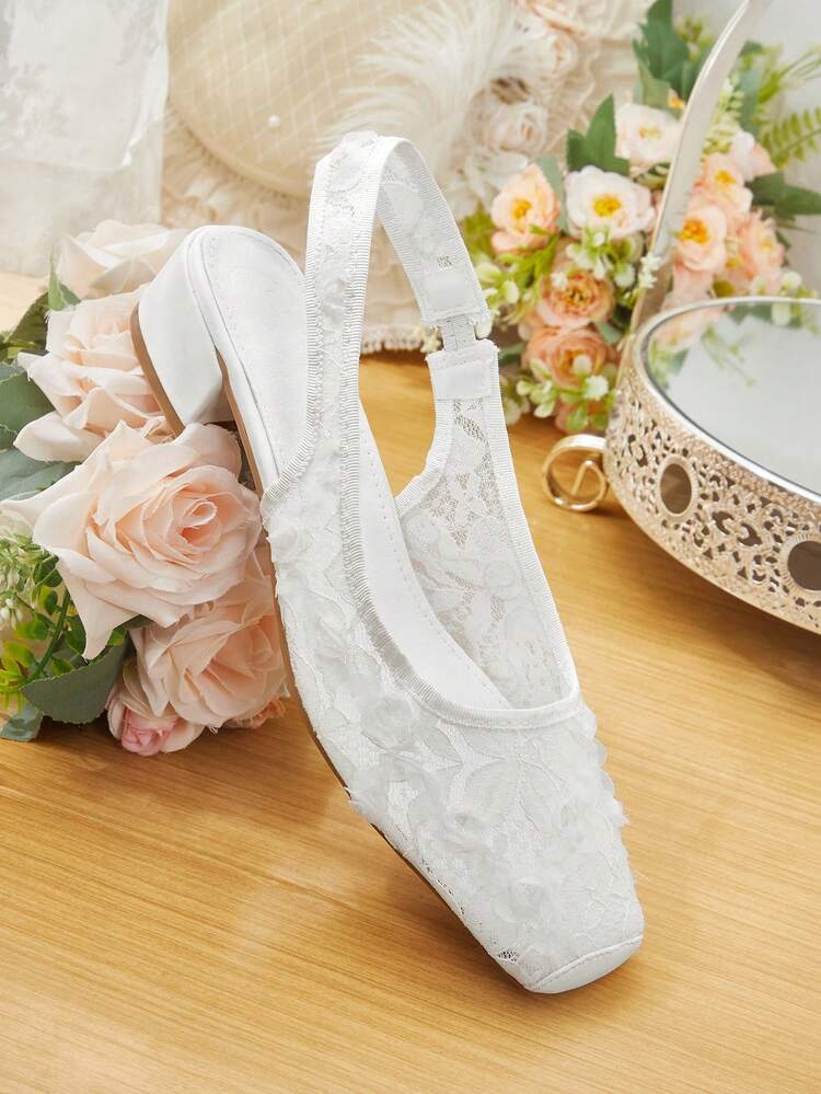 CUCCOO HITCHD Women's High Heels Square Toe White Flower Lace Wedding Elegance And Comfort Wedding Shoes Summer Shoes Bride Shoes