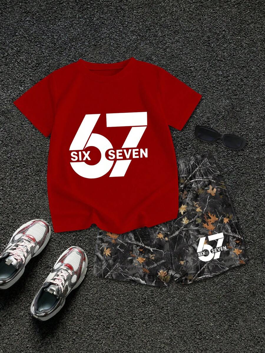 SHEIN Explorewe 两件套街头时尚67印花数码迷彩红色短袖上衣和迷彩短裤套装,适合夏季穿着 - 紅色 - 查看 1