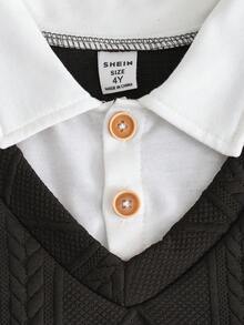 SHEIN Explorewe 2件套男童休闲刺绣二合一提花面料短袖T恤和短裤，舒适套装，适合日常休闲户外活动，春夏穿着。 - 黑色 - 查看 3
