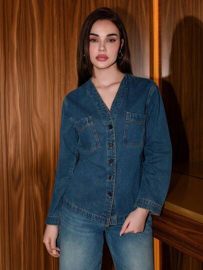 Bris Aura 女式休闲水洗牛仔束腰衬衫