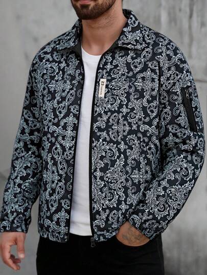 Manfinity Homme Plus Size Men's Casual Fashion Street Daily Commute All-Over Print Zip-Up Jacket, Spring/Autumn