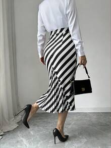 Elenzga 女士条纹百褶休闲百搭约会外出A字裙 - 黑與白 - 查看 4