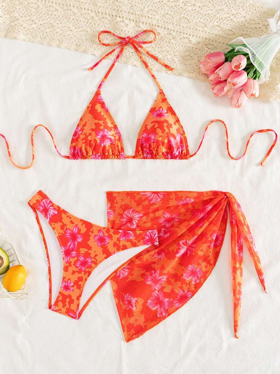 Swim Basics Bộ bikini 3 món in họa tiết hoa, đồ bơi đi biển cho kỳ nghỉ. - trái cam - Xem 1