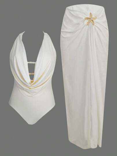 Swim Oasis Conjunto de traje de baño de 2 piezas con parte superior de cuello profundo drapeado en blanco sólido con lazo de perlas y falda larga de malla con abertura alta, ropa de vacaciones casual de lujo para resort