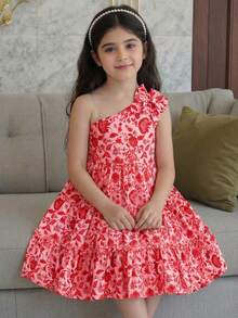 Emery Rose Kids 少女碎花无袖荷叶边休闲连衣裙 - 玫紅色 - 查看 3