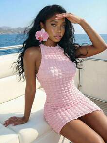 Slaydiva New Early Spring, Spring And Summer Music Festival, Valentine's Day, Easter, Bohemian Style, Nomadic Style, Casual, Simple And Basic, Cruise Party, Birthday Party, Daily Date, Casual Vacation, Elegant Commuting, Small Round Neck, Large Backless, Lace-Up Design, Slanted Hem, Pink Dress, Bubble Check Fabric, Ladies' Mini Dress -A - Baby Pink - View 8