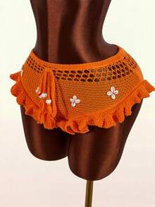 Amplova 2026 New Women's Low Waist Knitted Hollow Out Lace Trim Mini Shorts - Orange - View 5