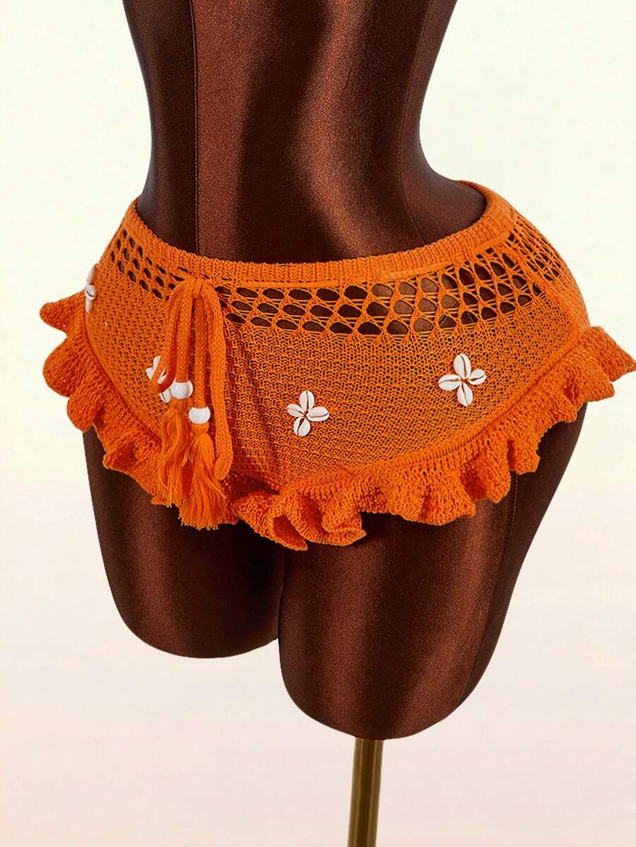 Amplova 2026 New Women's Low Waist Knitted Hollow Out Lace Trim Mini Shorts Crochet Shorts Orange Bottoms Ruffle Shorts