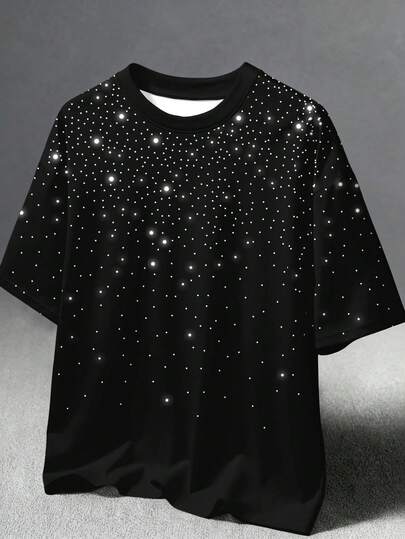 Teen Boy New Arrival Casual Minimalist Y2K Style, Faux Diamond Effect, Star, Street Fashion, Sporty Retro American Style, Loose Comfortable Fashion Minimalist Round Neck Short Sleeve T-Shirt, Suitable For Summer
