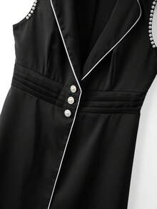 GlowEve Women's Solid Black Sleeveless Blazer With Lapel Collar, White Trim Design, Pearl Button Closure, Waist Pleats, Shoulder Pearl Trim, A-Line Silhouette, Elegant Refined Casual Commute Date Outfit, Spring Summer New - Black - View 5