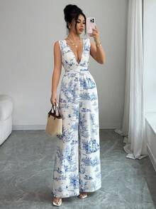 Elenzga Women's Deep V-Neck Botanical Print Sleeveless Wide Leg Jumpsuit - Blue - View 5