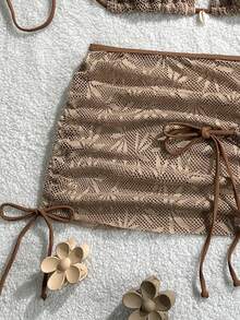 Swim Mod Swimsuits For Woman Shell Decor Halter Bra & Swim Bottom & Cover Up Skirt Bikini Set, Summer Beach Bathing Suit - Brown - View 5