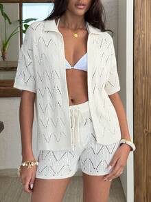 SHEIN 纯色镂空衬衫短裤罩衫套装，适合夏季海滩度假 - 白色 - 查看 1
