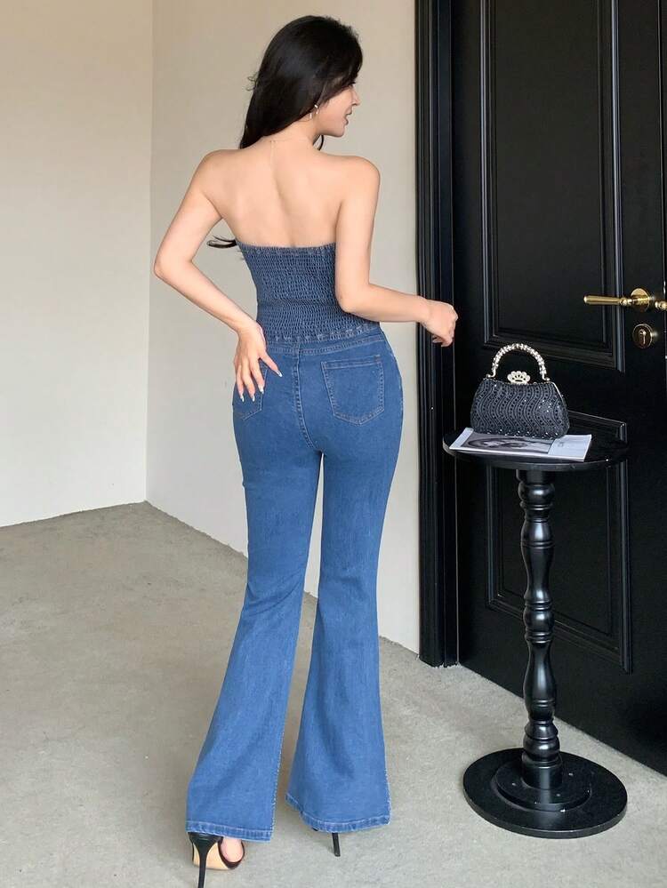 Women's Elegant Rhinestone Floral Bandeau Top And Flared Jeans Set, Spring/Summer