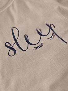 SHEIN Cotton Plus Women 2 Pcs Pink Contrast Colour Sleep Lettered Pattern Detail Top& Elastic Waist Solid Shorts Homewear Casual Pajama Sleep Lounge Set - Beige - View 6