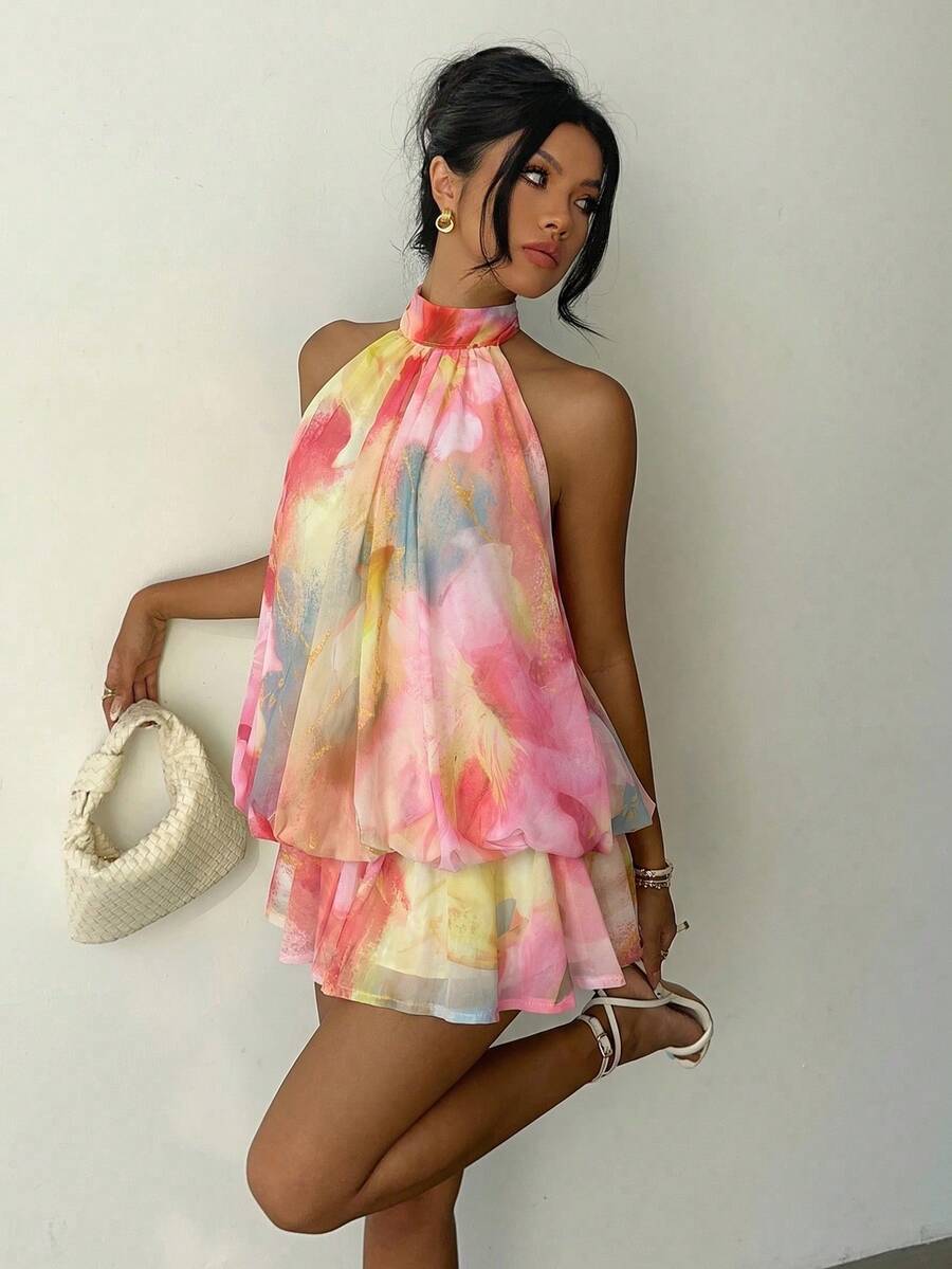 Aloruh 女士优雅浅黄色露背系带迷你连衣裙