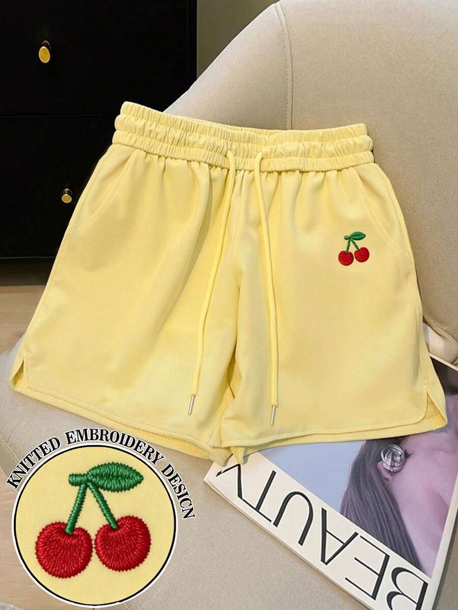 Resyla Plus Size Summer Casual Cute Cherry Embroidery Shorts Bussines Work Yellow - Black - View 1