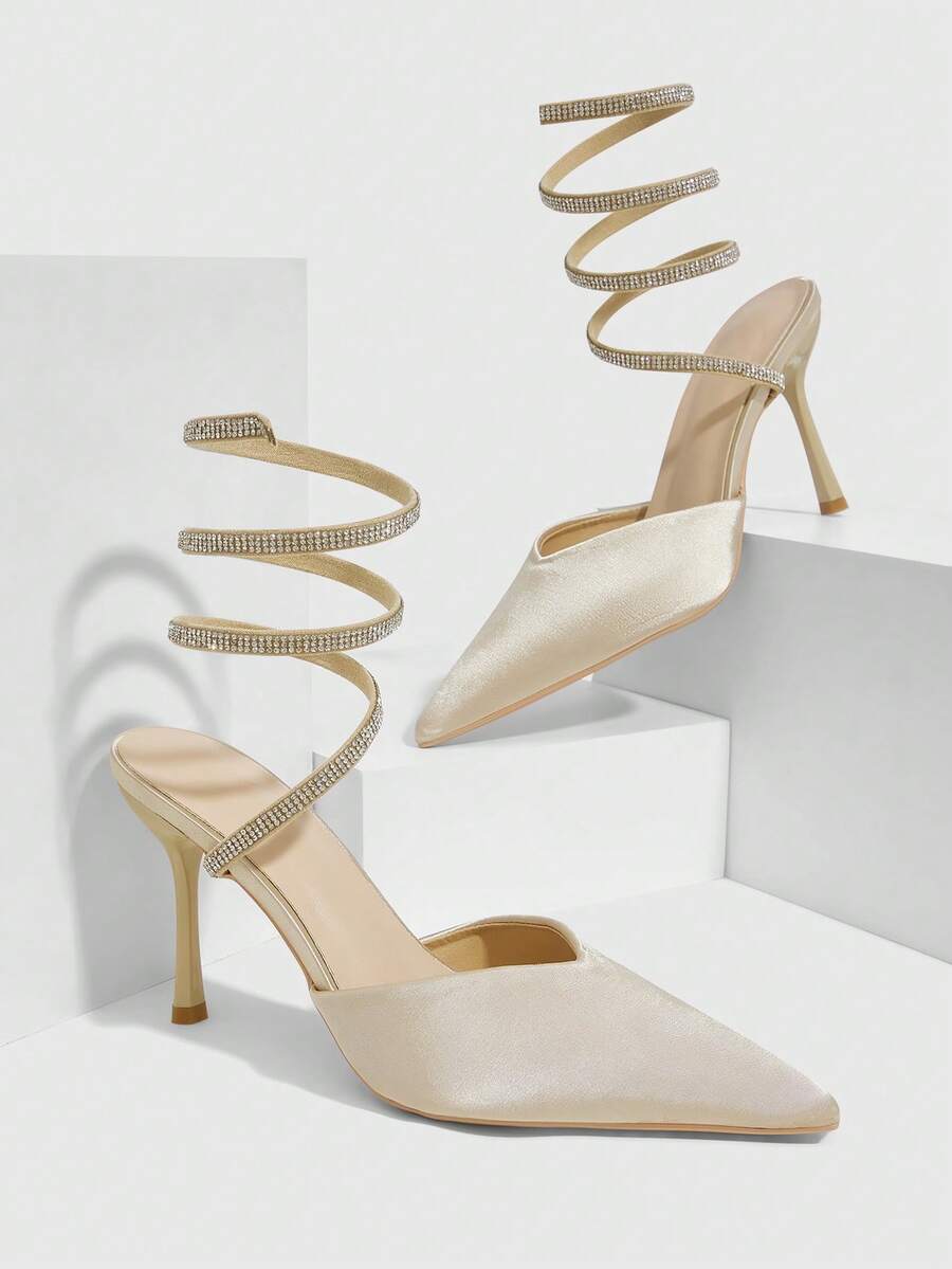 CUCCOO SZL 尖头时尚镂空性感水钻缎面蛇纹细跟包头浅金色高跟鞋 - 淺金色 - 查看 1