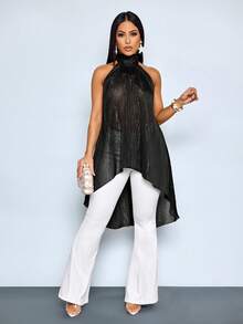 SOLERSUN Camicetta elegante in chiffon da donna, stile vacanziero, colore unito, senza maniche, scollo a spalla, collo alla coreana, fluida, adatta per occasioni serali, matrimoni, feste e uso quotidiano - nero - Visualizzare 4