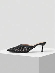 Women's Spring And Summer New High-Heeled Stiletto Pointed Woven Hollow Kitten Heel Fashion French Sandals - Black - View 1