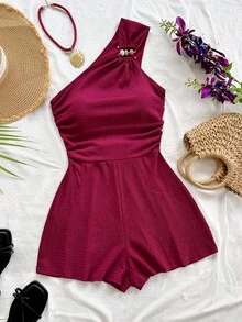 Soleia Plus Size Women Wine Red Beaded Accent Sleeveless Jumpsuit,Summer Outfits For Women,Spring Outfit,Beach Outfits For Women ,Graduation,Vacation Outfits Women. - Burgundy - View 6