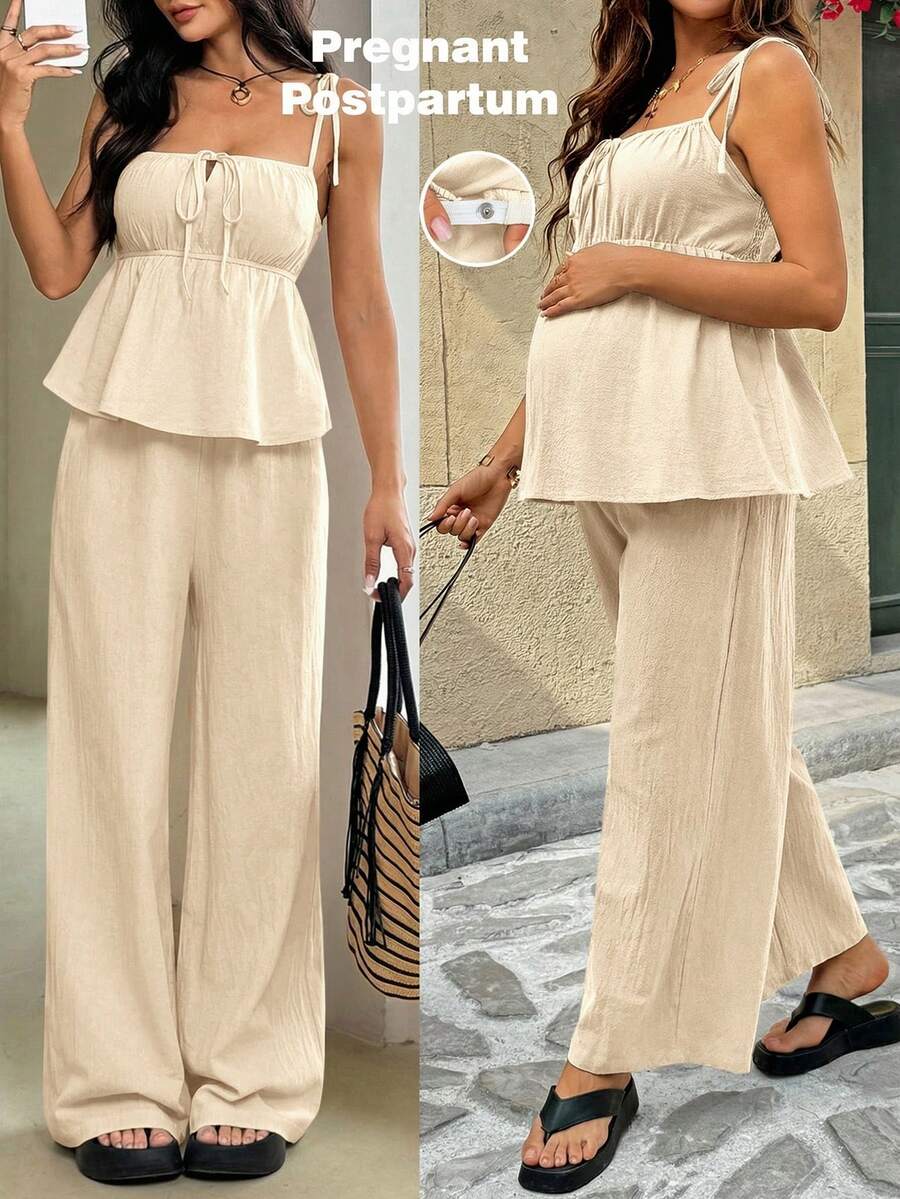 SHEIN Bộ đồ bầu nghỉ dưỡng 2 món gồm áo hai dây buộc eo và quần có thể điều chỉnh eo. - Màu be - Xem 1