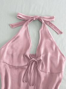 SHEIN Áo hai dây mùa hè mới, cổ yếm, xếp ly, thắt eo, gợi cảm, thích hợp cho kỳ nghỉ, dành cho nữ. - Hồng - Xem 3