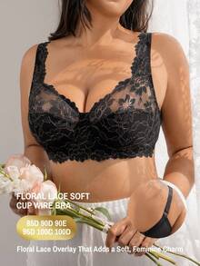 DesireSculpt 1pc Women Plus Size Black Floral Lace Mesh Patchwork Underwire Bra, Summer Soft Cup Pushup Bra With Breathable Foam For Lift Up Support - Black - View 6