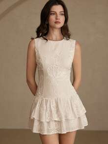 Aveloria Rosie New Arrival Round Neck French Romantic Embroidered Floral Layered Cake Hem Fitted A-Line Dress, Sweet And Elegant Style For Spring/Summer Dates And Parties, Sleeveless - Apricot - View 7