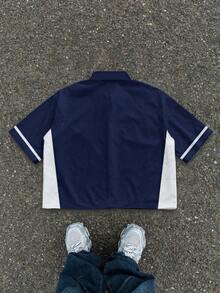 Manfinity ZONE917 男士字母印花单排扣休闲百搭日常短袖衬衫 - 藏蓝色 - 查看 5