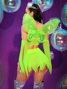 Women's Sexy Fairy Lace-Up Bra Top And Asymmetrical Net Skirt Long Sleeve Costume Set With Butterfly Wings - Green - View 7