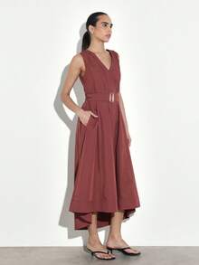 KSTM Women's V-Neck Sleeveless A-Line Midi Dress With Belt Detail And High Low Hem Perfect For Events And Special Occasions - Redwood - View 3
