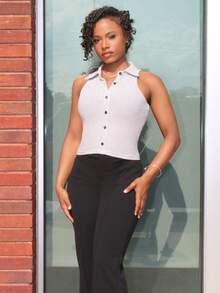 Steph T 女式无袖单排扣休闲领衬衫外出上衣 - 黑與白 - 查看 4