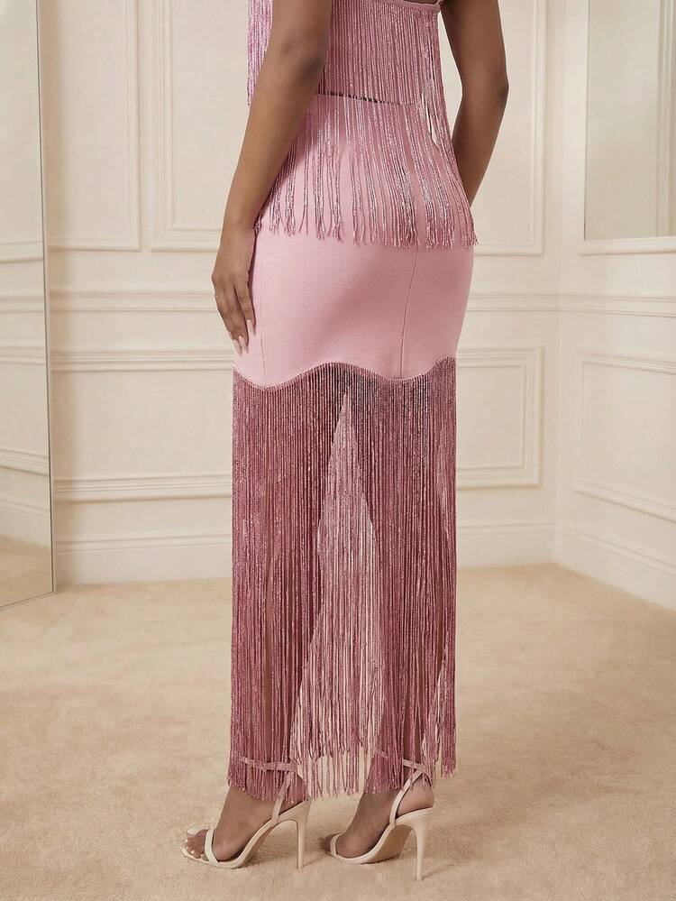 Women's New Lotus Pink Flounce Hem Elegant Vacation Party Skirt, Summer