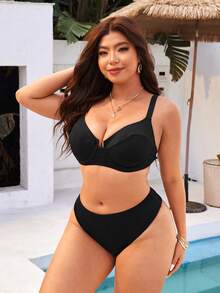Swim Vcay Plus Size Women's Solid Color Summer Beach Bikini And Triangle Panty Swimwear Set - Black - View 4